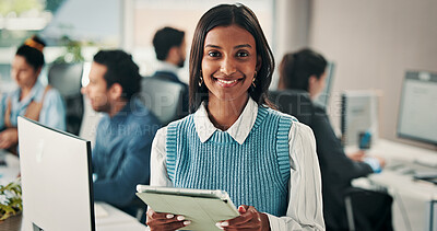 Buy stock photo Business woman, portrait and tablet in office with smile for web design project management. Manager, people and technology for about us confidence, coworking and feedback or advice at creative agency