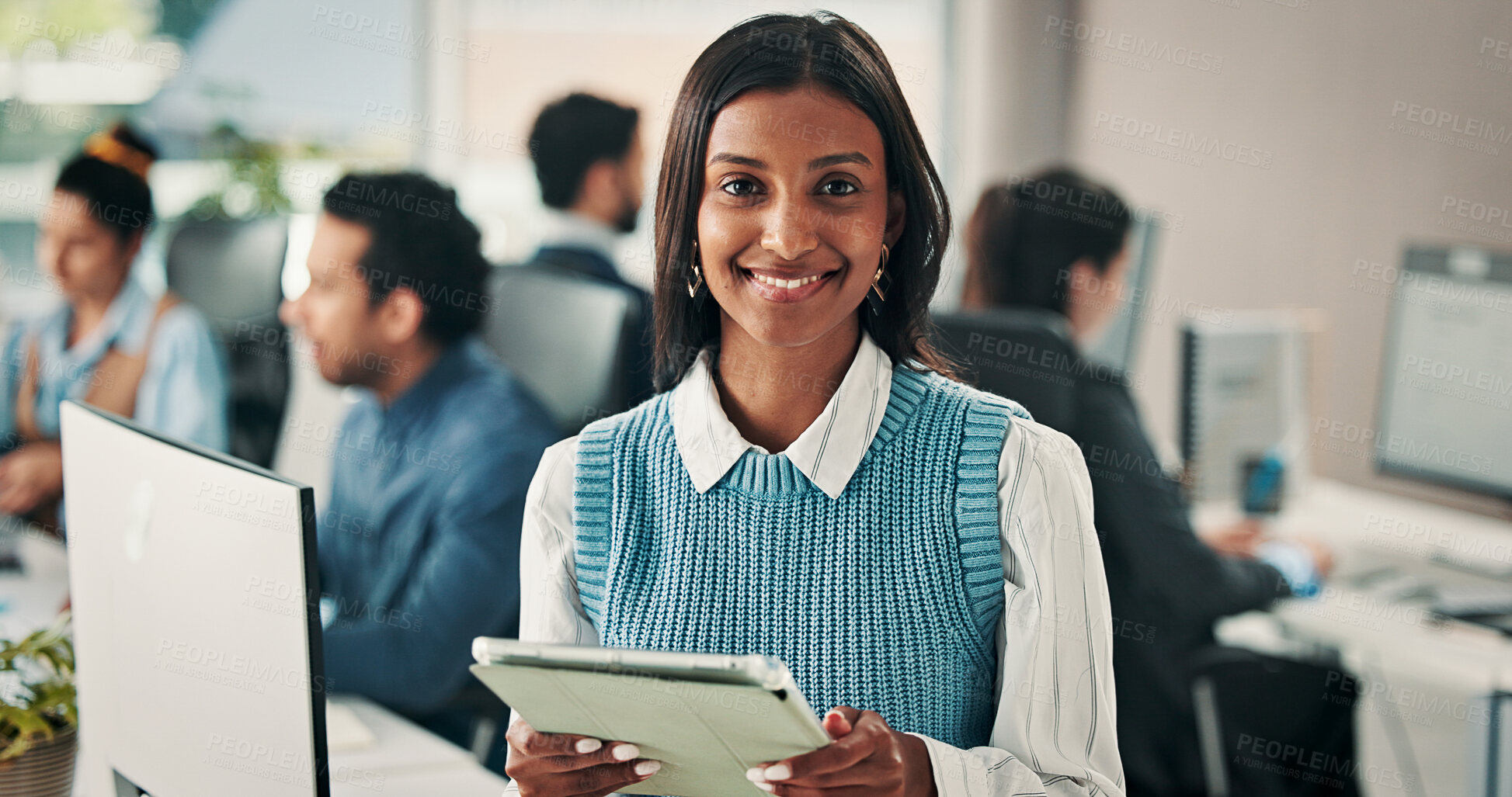 Buy stock photo Business woman, portrait and tablet in office with smile for web design project management. Manager, people and technology for about us confidence, coworking and feedback or advice at creative agency