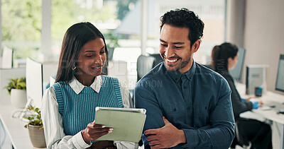 Buy stock photo Business, people and happy with tablet discussion for article feedback, story review and planning. Journalist, editor or tech at coworking agency for blog fact checking, newsletter advice or teamwork