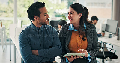 Buy stock photo Happy, friends and employees tablet, office and positive results for campaign on website and online. Marketing team, talk and people with tech for brand identity on social media, smile and discussion