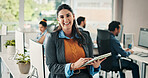 Creative, portrait and woman with tablet, office and pride for career development, design and online. Happy, graphic designer and people with tech for digital art and coworking for business growth