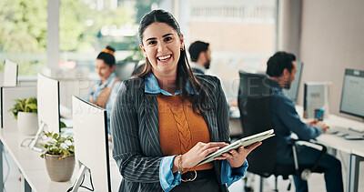 Buy stock photo Creative, portrait and woman with tablet, office and pride for career development, design and online. Happy, graphic designer and people with tech for digital art and coworking for business growth