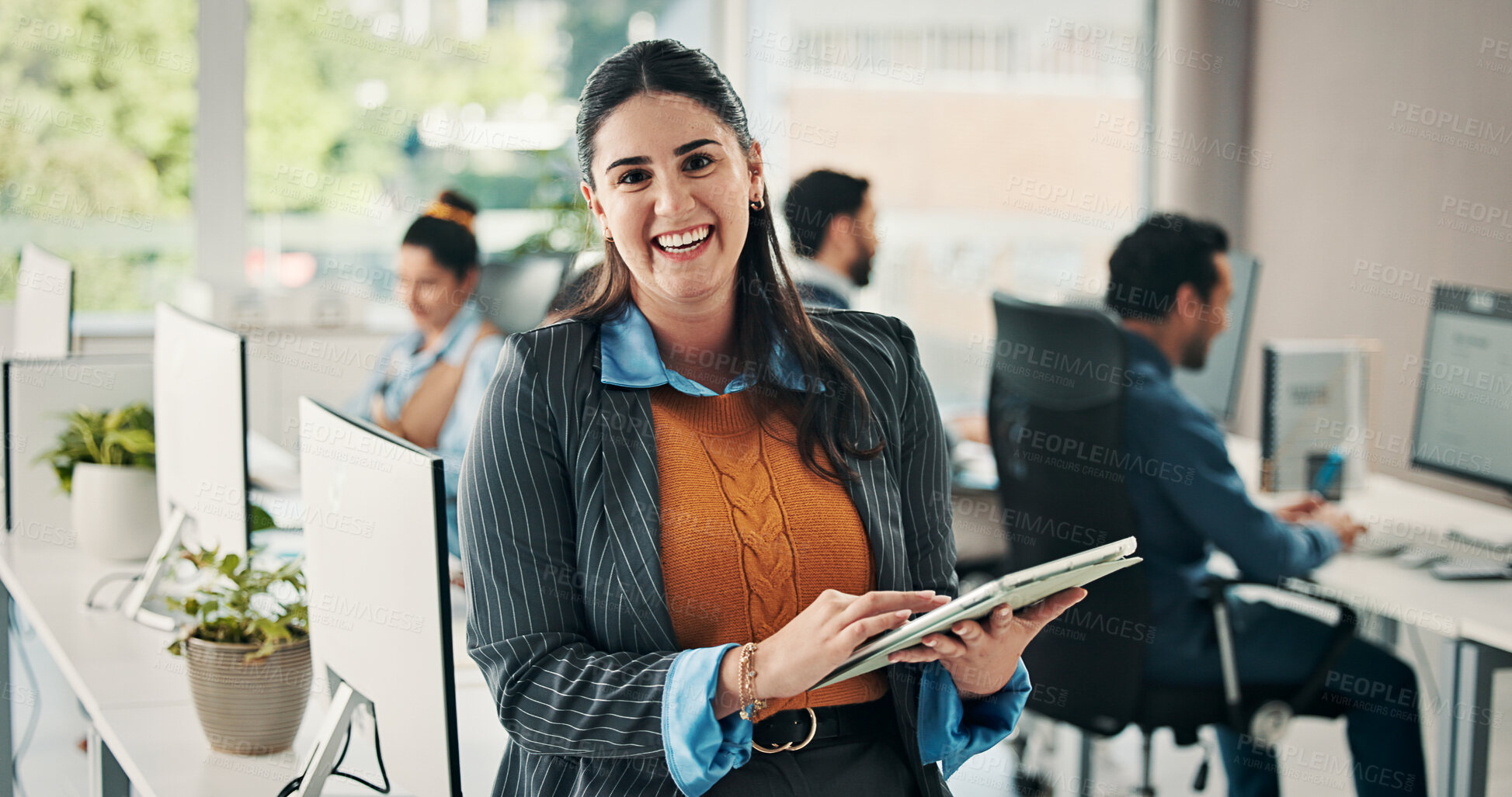 Buy stock photo Creative, portrait and woman with tablet, office and pride for career development, design and online. Happy, graphic designer and people with tech for digital art and coworking for business growth