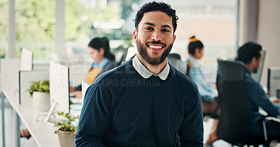 Buy stock photo Journalist, portrait or man in office with smile, experience or pride in media profession. Happy, creative or people in newsroom with confidence, press or career growth in publishing industry.