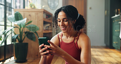 Buy stock photo Home, fitness or happy woman with phone for workout search, reading or check online platform for tutorial. Exercise video, sports blog or person with mobile for training research, browsing web or app