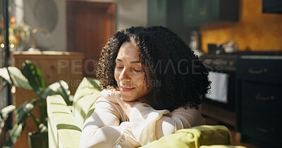 Buy stock photo Peace, breathing and smile with woman in home for calm, zen and meditation. Mindfulness, comfort and happy person in living room with eyes closed for relax, break and stress relief on weekend