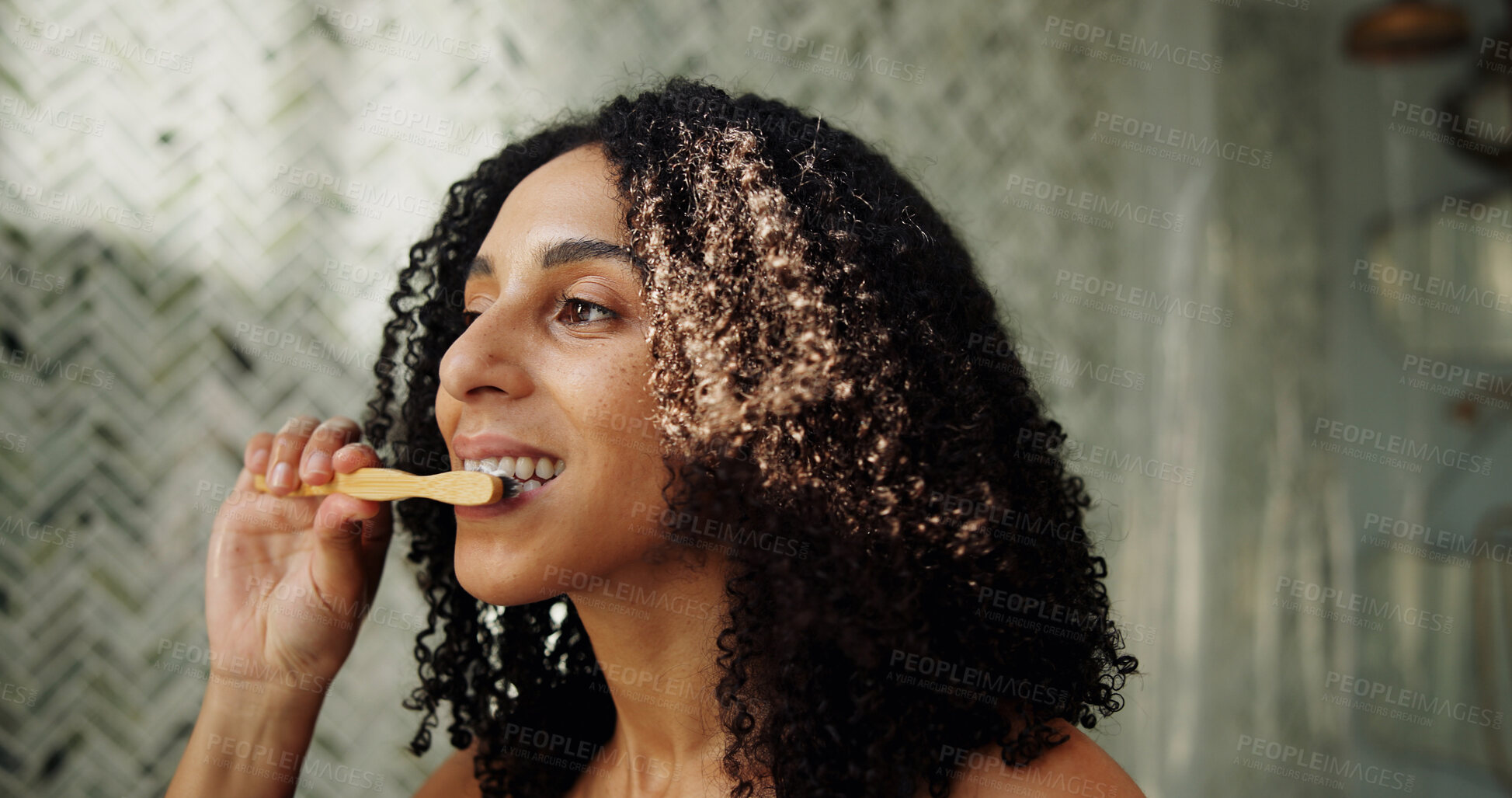 Buy stock photo Dental hygiene, bamboo and woman brushing teeth in home for gum care, fresh breath and eco friendly. Toothbrush, clean and African person in bathroom for gingivitis prevention or sustainable wellness