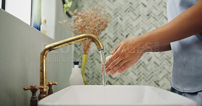 Buy stock photo Water, soap and woman washing hands in home for removal of germs, dirt or bacteria. Sink, disinfection and female person with cleaning skin for health, wellness or virus safety routine in bathroom.