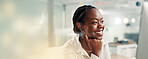 Happy, black woman and banner with vision on computer for business proposal or good news in office. Female person, employee or smile with technology for company development or space in workplace