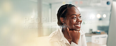 Buy stock photo Happy, black woman and banner with vision on computer for business proposal or good news in office. Female person, employee or smile with technology for company development or space in workplace