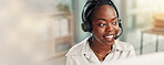 Call center, black woman and consultant with headset in office by space for crm, contact us or contact. Mic, banner and African technical support agent by bokeh for customer service or helpdesk.
