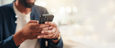 Buy stock photo Hands, cellphone and businessman by space for texting, networking or communication on mobile app. Banner, technology and male person with phone for social media, chatting or contact online by bokeh.