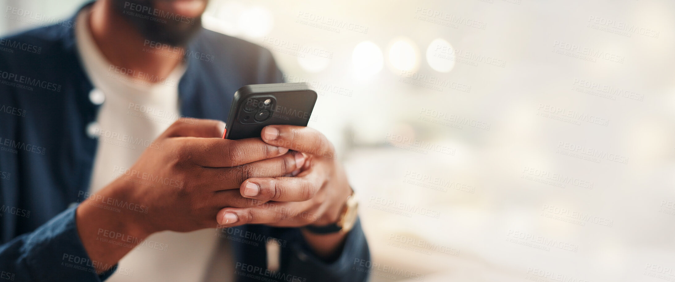 Buy stock photo Hands, cellphone and businessman by space for texting, networking or communication on mobile app. Banner, technology and male person with phone for social media, chatting or contact online by bokeh.