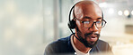 Call center, black man and consultant with headset by space for crm, contact us or communication. Mic, banner and African male technical support agent by bokeh for customer service or helpdesk.