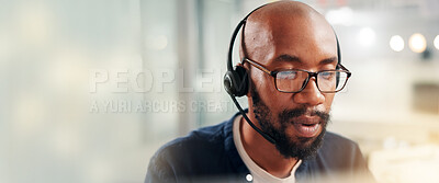 Buy stock photo Call center, black man and consultant with headset by space for crm, contact us or communication. Mic, banner and African male technical support agent by bokeh for customer service or helpdesk.