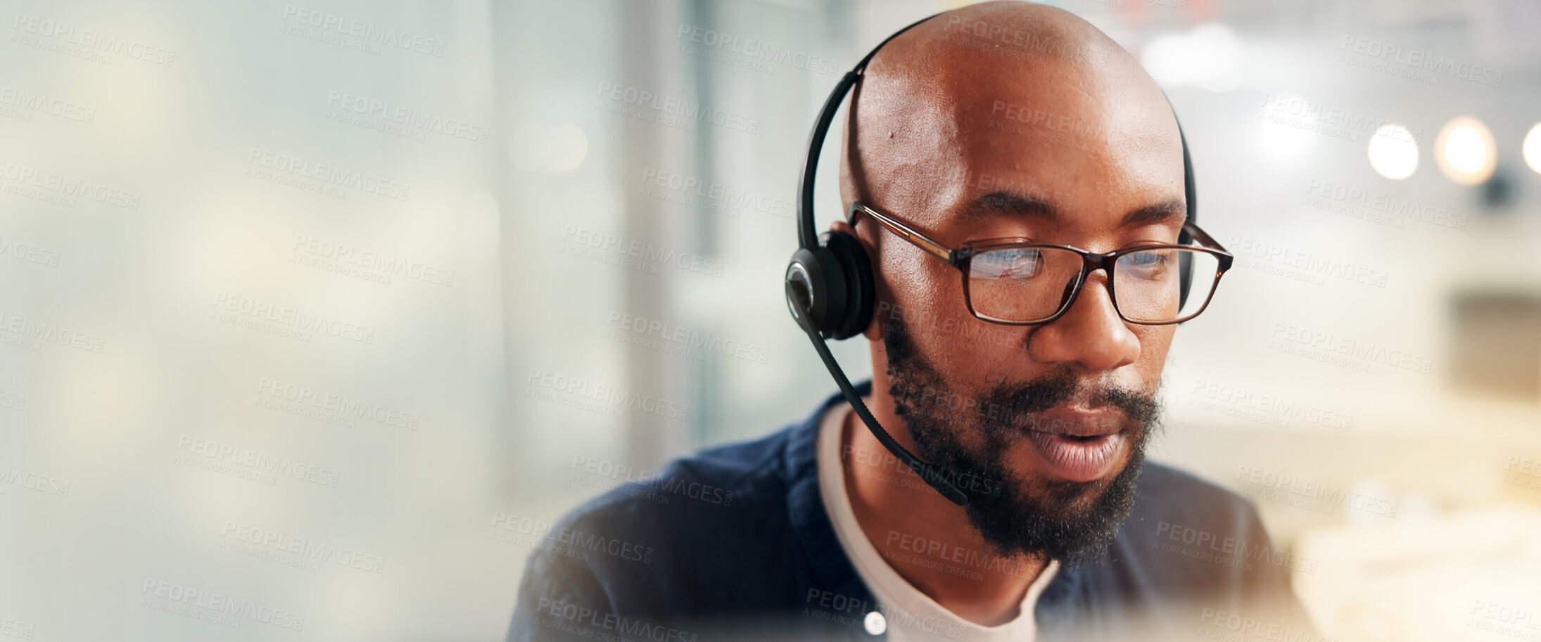Buy stock photo Call center, black man and consultant with headset by space for crm, contact us or communication. Mic, banner and African male technical support agent by bokeh for customer service or helpdesk.