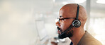 Call center, talking and man with headset for customer service, troubleshooting and online help desk. Contact us, banner and virtual assistant with space for tech support, communication and advice