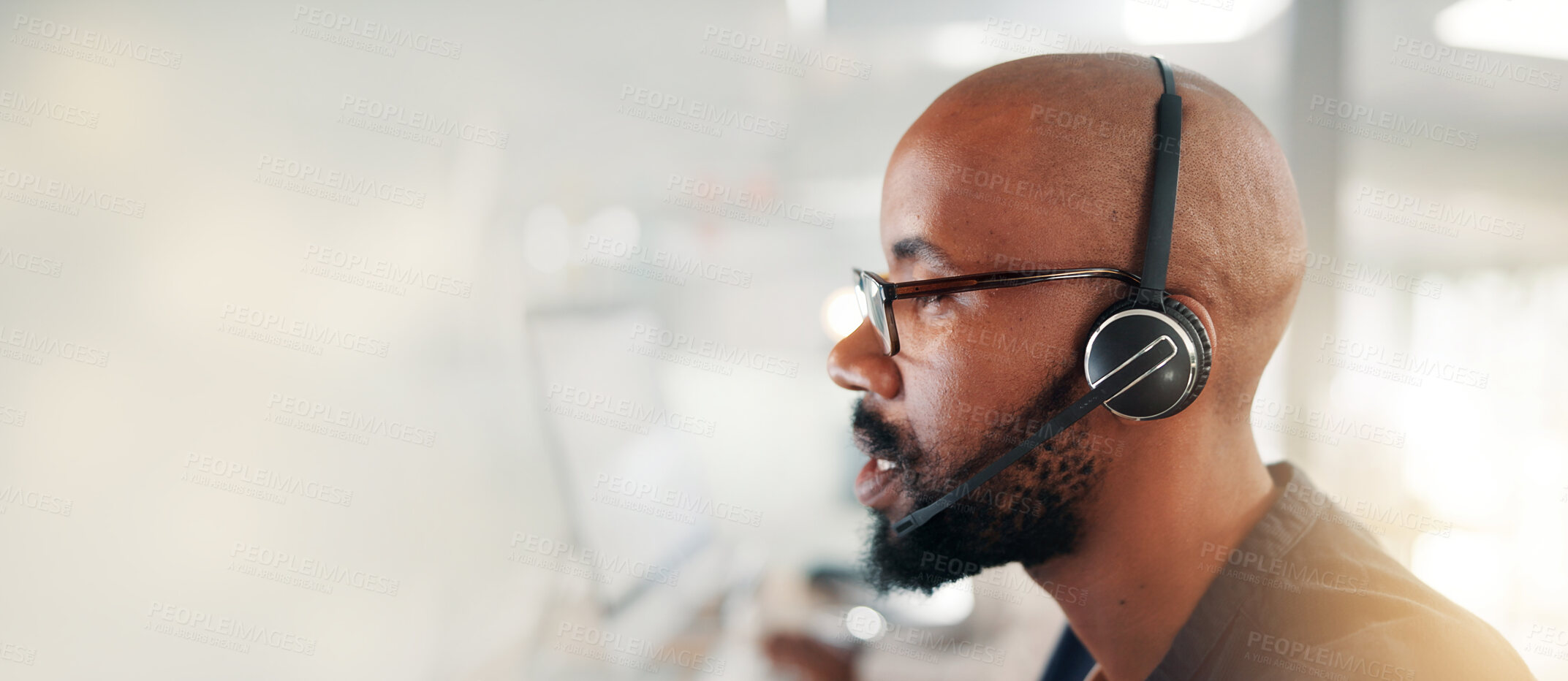 Buy stock photo Call center, talking and man with headset for customer service, troubleshooting and online help desk. Contact us, banner and virtual assistant with space for tech support, communication and advice