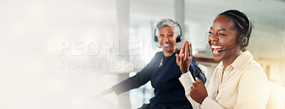 Buy stock photo High five, smile and people with headset in office, customer service or celebrate help desk success. Achievement, banner or virtual assistant with mockup space in call center, excited or tech support