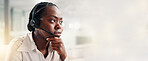 Black woman, consultant or banner with headset in call center for customer service or support. Female person, agent or thinking with mic for online communication or virtual assistance on mockup space