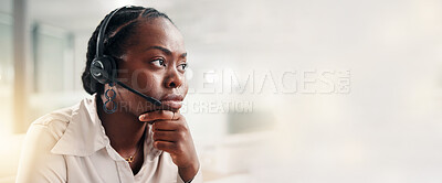 Buy stock photo Black woman, consultant or banner with headset in call center for customer service or support. Female person, agent or thinking with mic for online communication or virtual assistance on mockup space