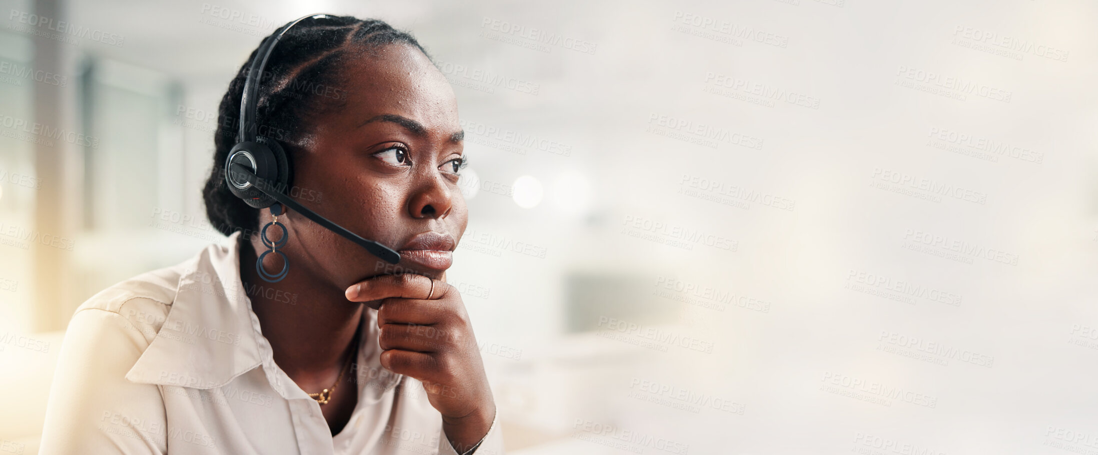 Buy stock photo Black woman, consultant or banner with headset in call center for customer service or support. Female person, agent or thinking with mic for online communication or virtual assistance on mockup space