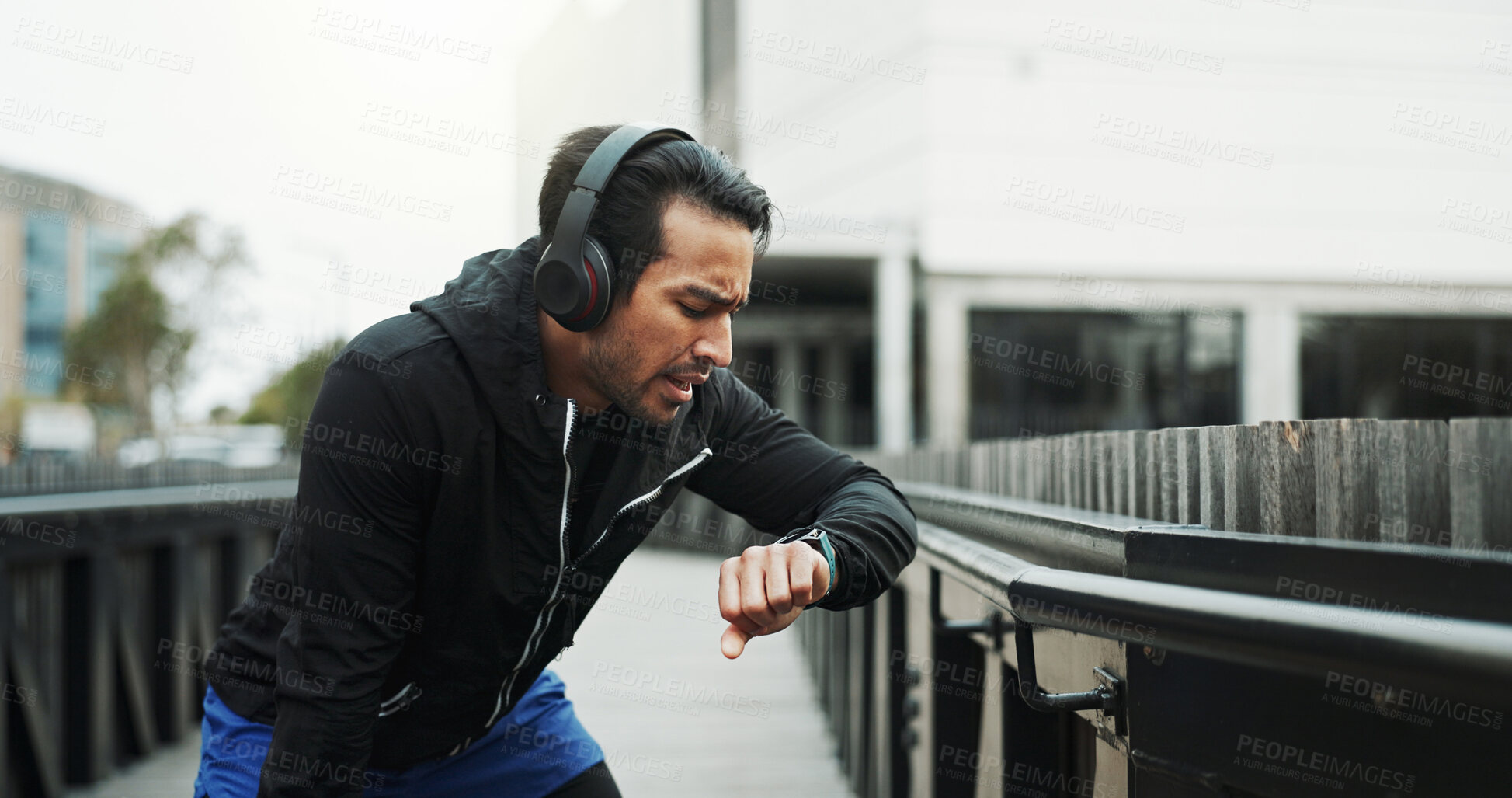 Buy stock photo Break, athlete and check watch with running in city for workout progress, performance monitor or track speed. Runner, man and challenge for training, fitness and exercise for endurance or wellness