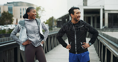 Buy stock photo Runner, people and break with smile in city for fitness, race training or teamwork. Interracial couple, exhausted and breathing for workout, cardio and exercise for sport challenge or endurance