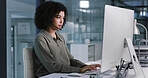Computer, headset and typing with woman in call center for feedback, problem solving or support. Customer service, pc and review with agent in workplace for contact or help as virtual assistant