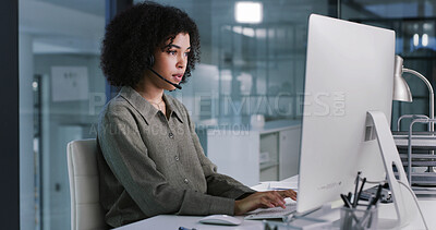 Buy stock photo Computer, headset and typing with woman in call center for feedback, problem solving or support. Customer service, pc and review with agent in workplace for contact or help as virtual assistant