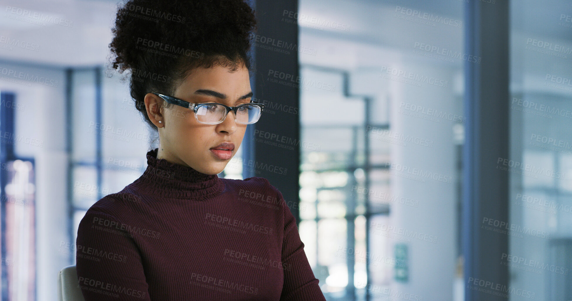 Buy stock photo Business, glasses and woman in office, trading and reflection with investment deal. Person, investor and employee in workplace, eyewear and optometry with stock market report, reading or clear vision