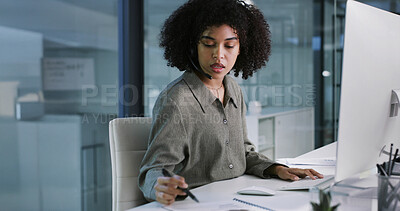 Buy stock photo Call center, notes or woman in office with computer, contact us or case track in crm update. Telecom, writing or consultant in agency with tech, online advice or record review in client support.