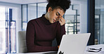 Stress, business and woman with laptop in office for bad news, online criticism and article error. Burnout, person and pc with negative feedback, false source and submission mistake for publication