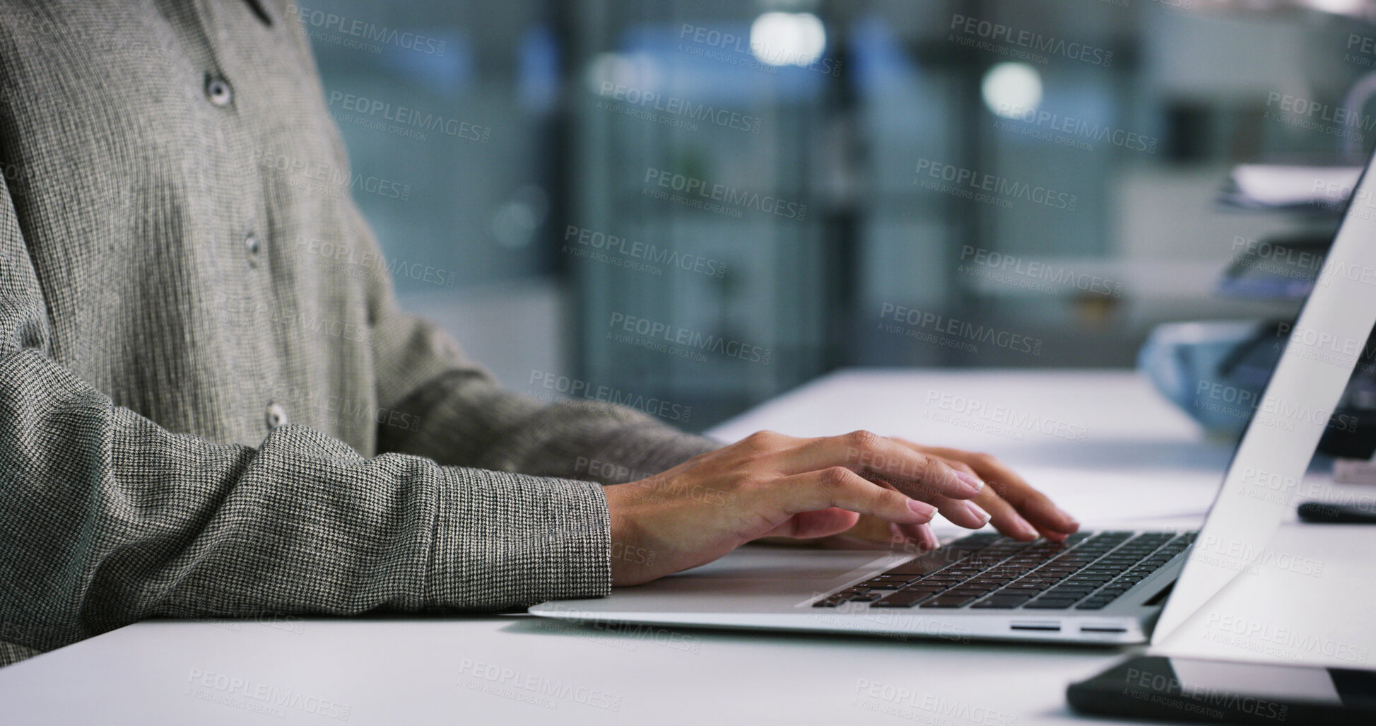 Buy stock photo Hands, laptop or business person typing email, online report or review for event planning with bokeh. Computer keyboard, woman and organizer in workplace for venue, vendor listing or research