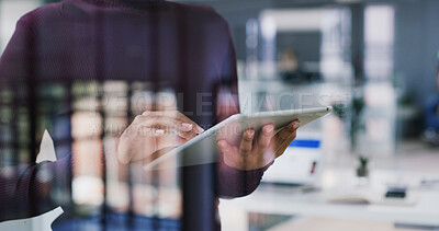 Buy stock photo Hands, tablet or business person in office to scroll email, online report or event planning. Technology, woman and organizer in workplace for venue review, vendor listing and research by glass