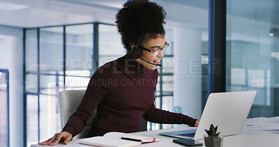 Buy stock photo Call center, notebook or woman in office with laptop, contact us or case track in crm update. Telecom, reading or consultant in agency with tech, online advice or record review in client support.