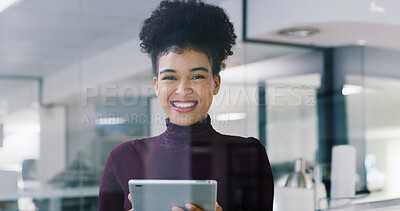 Buy stock photo Portrait, glass and happy woman with tablet, media agency and research for news report. Person, copywriting or journalist in office, smile or tech for online editing, planning or app for website blog