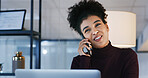 Smile, business and woman with phone call in office for chat, contact editor and interview source. Happy, journalist and laptop with mobile discussion, online questions and story lead for publication