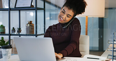 Buy stock photo Business, woman and laptop with phone call in office for chat, contact editor and interview source. Journalist, editing and pc with mobile discussion, online questions and story lead for publication