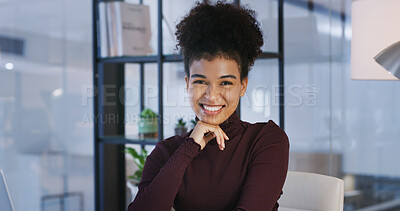 Buy stock photo Portrait, creative agency and woman in office, smile and confidence with career ambition. Person, freelancer and journalist in workplace, happiness and copywriting with pride or publishing consultant