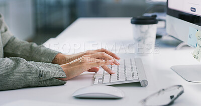 Buy stock photo Hands, keyboard or business person typing email, online schedule or review for event planning. Computer, writing report and organizer in office for venue, vendor listing or research information