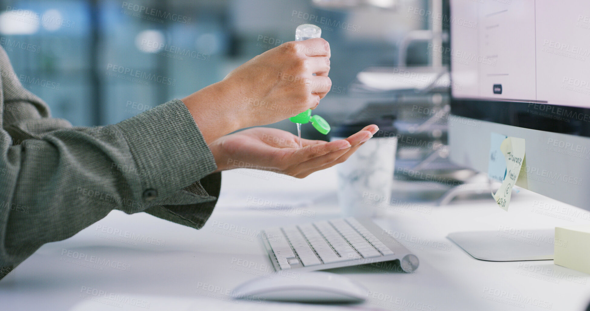 Buy stock photo Business, desk and sanitizer with hands of person in office for health compliance or risk management. Bottle, hygiene product and liquid with employee in workplace for bacteria protection or safety