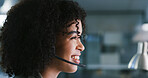 Headset, smile and space with woman in call center for feedback, problem solving or support. Business, contact us and reading with happy agent in workplace for customer service as virtual assistant