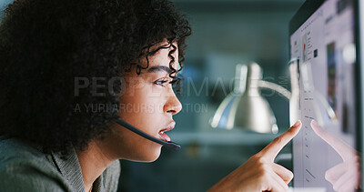 Buy stock photo Computer screen, headset and pointing with woman in call center for problem solving or support. Customer service, pc and reading with agent in workplace for contact or feedback as virtual assistant