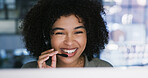 Computer, headset and smile of woman in call center for feedback, problem solving or support. Communication, customer service and pc with happy agent at work for contact or help as virtual assistant