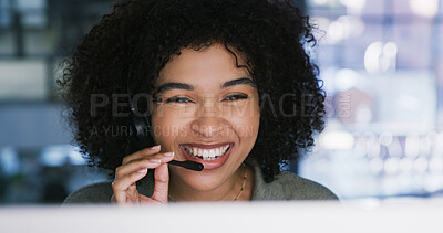 Buy stock photo Computer, headset and smile of woman in call center for feedback, problem solving or support. Communication, customer service and pc with happy agent at work for contact or help as virtual assistant