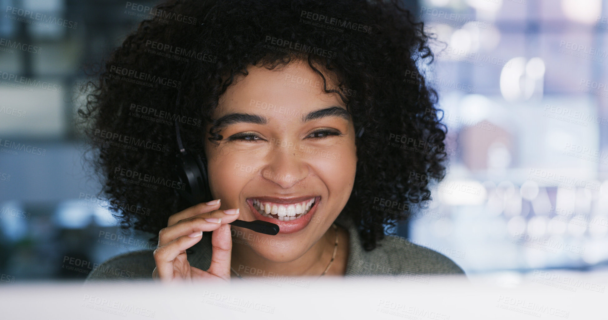 Buy stock photo Computer, headset and smile of woman in call center for feedback, problem solving or support. Communication, customer service and pc with happy agent at work for contact or help as virtual assistant