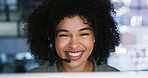 Computer, contact us and smile of woman in call center for feedback, problem solving or support. Customer service, headset and pc with happy agent in workplace for online help as virtual assistant