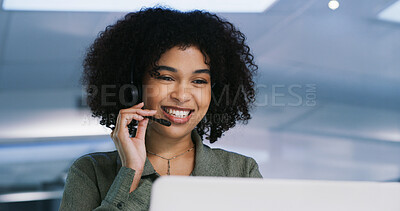 Buy stock photo Headset, laptop and smile of woman in call center for feedback, problem solving or support. Business, computer and customer service with happy agent at work for help as virtual assistant from below