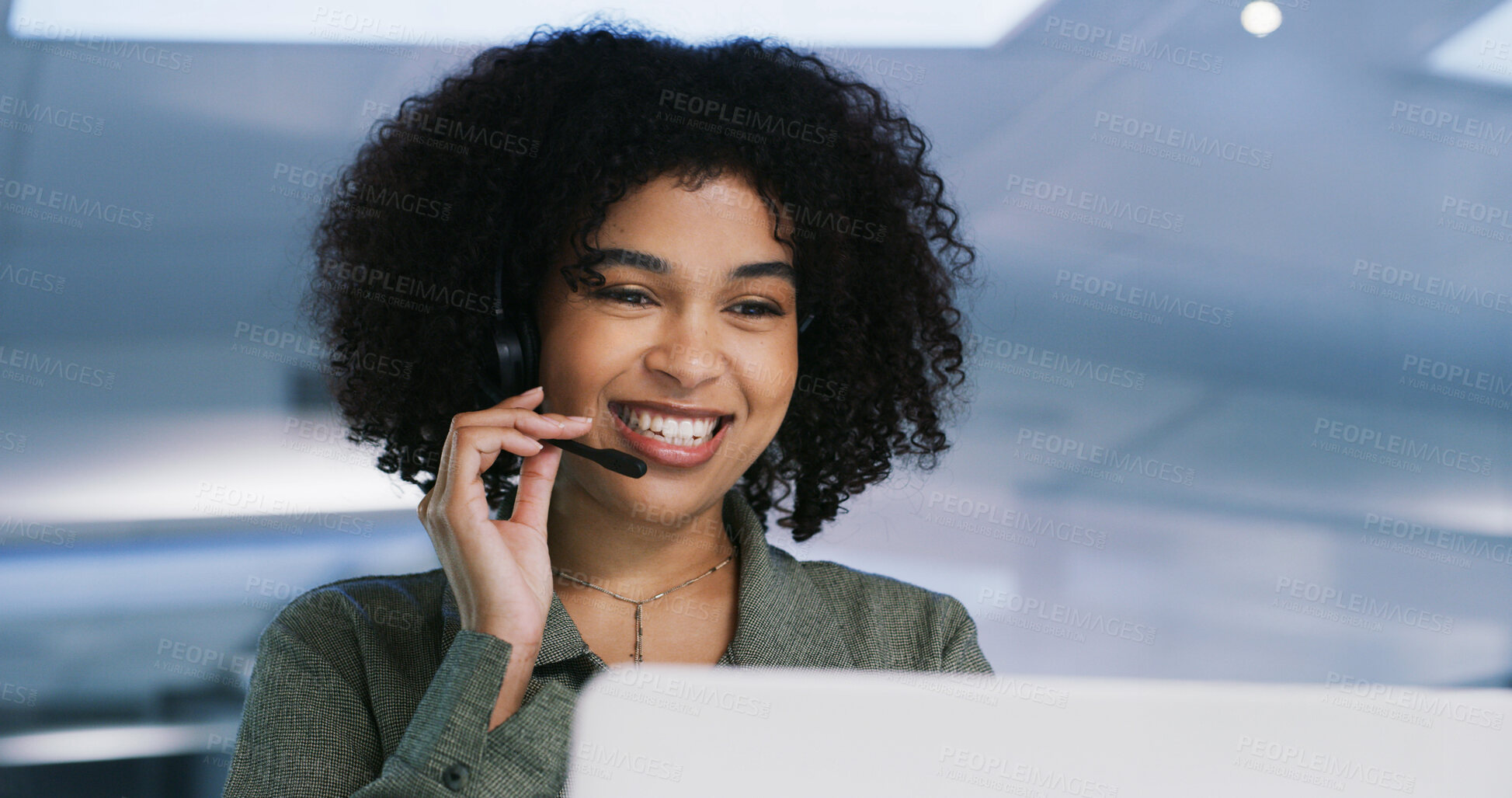 Buy stock photo Headset, laptop and smile of woman in call center for feedback, problem solving or support. Business, computer and customer service with happy agent at work for help as virtual assistant from below